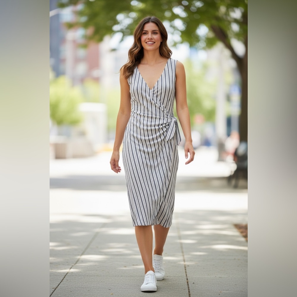 H&M Beige and White Striped V Neck Wrap Dress Size Small